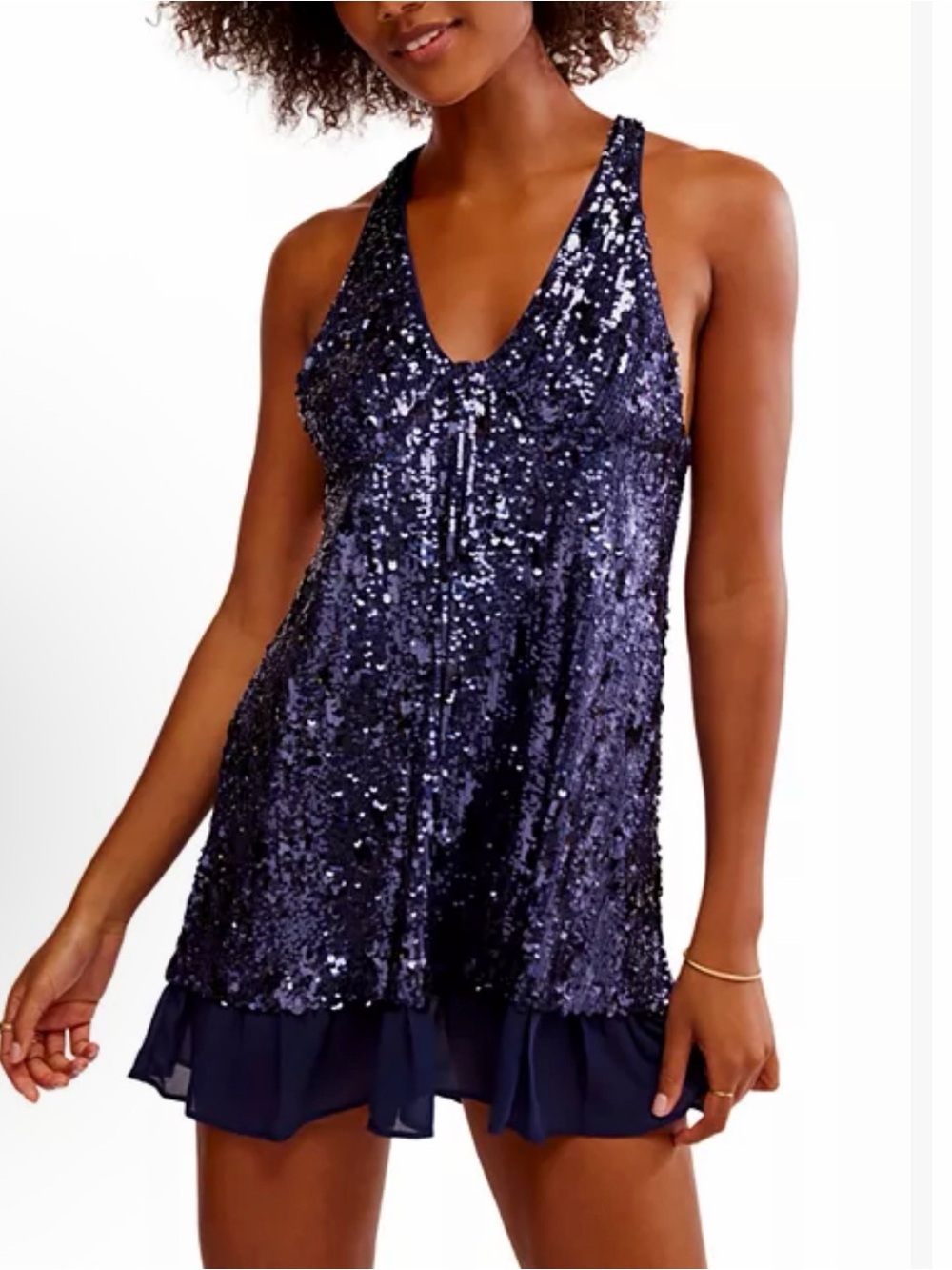 Free People Navy Blue Sequin V-Neck Mini Dress